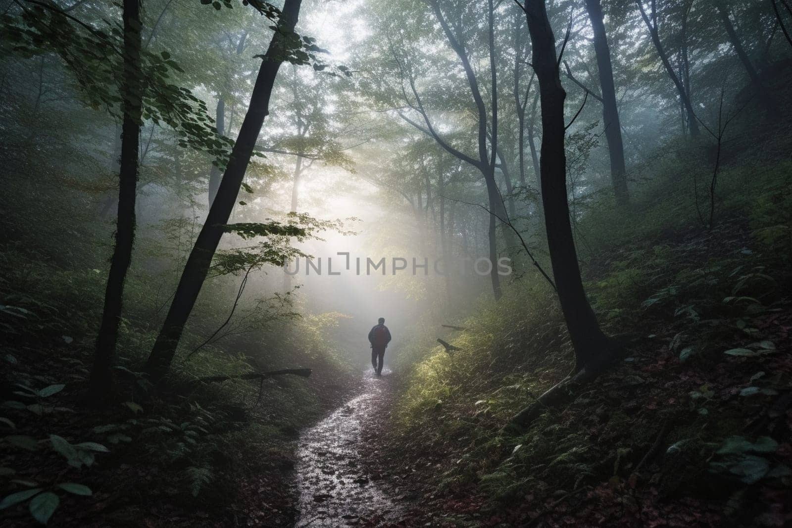 A man hikes through a misty forest at dawn, surrounded by the mystical beauty of nature. The dreamy, atmospheric surroundings create a serene and warm atmosphere, perfect for an adventurous hike. The mist adds to the mystery and intrigue of the scene, evoking feelings of wonder and appreciation. This photo can evoke feelings of adventure, awe, and inspiration. (generative AI)
