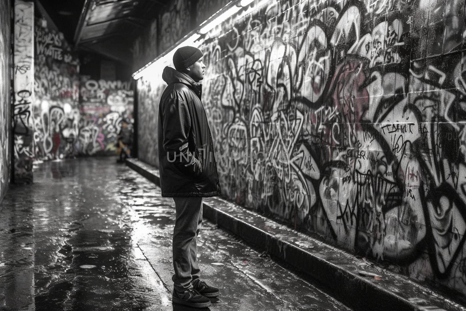 A man stands in front of a graffiti-covered wall, lost in thought as he contemplates life. The scene is gritty and moody, with a serious and contemplative quality. This scene can evoke feelings of reflection, thought-provocation, and urban identity. (generative AI)