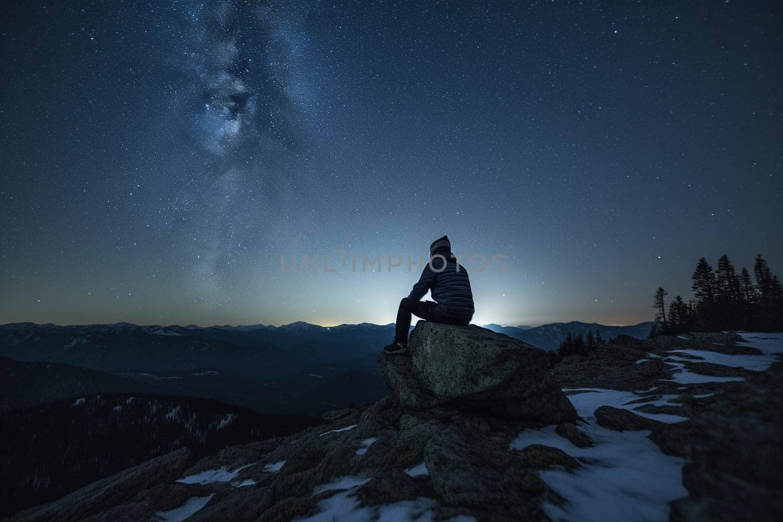 A man lies on his back on a mountaintop, gazing up at the vast and infinite night sky. The scene is mystical and powerful, with the grandeur of the mountains and the darkness of the night adding to the sense of awe-inspiring beauty. The man is in a state of contemplation, reflecting upon his place in the universe and the vastness of existence. This scene can evoke feelings of wonder, awe, and introspection. (generative AI)