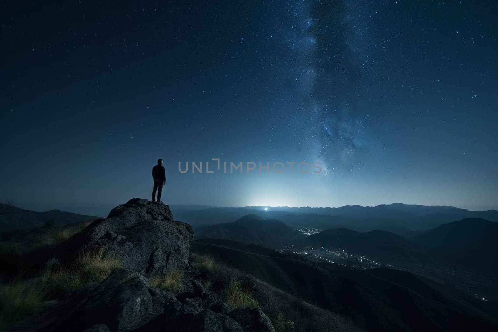 A man lies on his back on a mountaintop, gazing up at the vast and infinite night sky. The scene is mystical and powerful, with the grandeur of the mountains and the darkness of the night adding to the sense of awe-inspiring beauty. The man is in a state of contemplation, reflecting upon his place in the universe and the vastness of existence. This scene can evoke feelings of wonder, awe, and introspection. (generative AI)