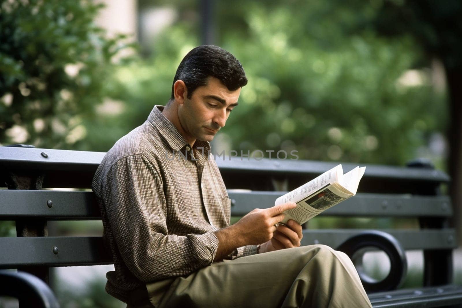 A man sits on a quiet park bench, engrossed in a book as nature surrounds him with its simple beauty. The scene is relaxed and peaceful, with the greenery of the park adding to the sense of solitude and calm. The man is in a state of introspection, lost in the intellectual world of his book and the beauty of nature. This scene can evoke feelings of relaxation, peace, and intellectuality. (generative AI)