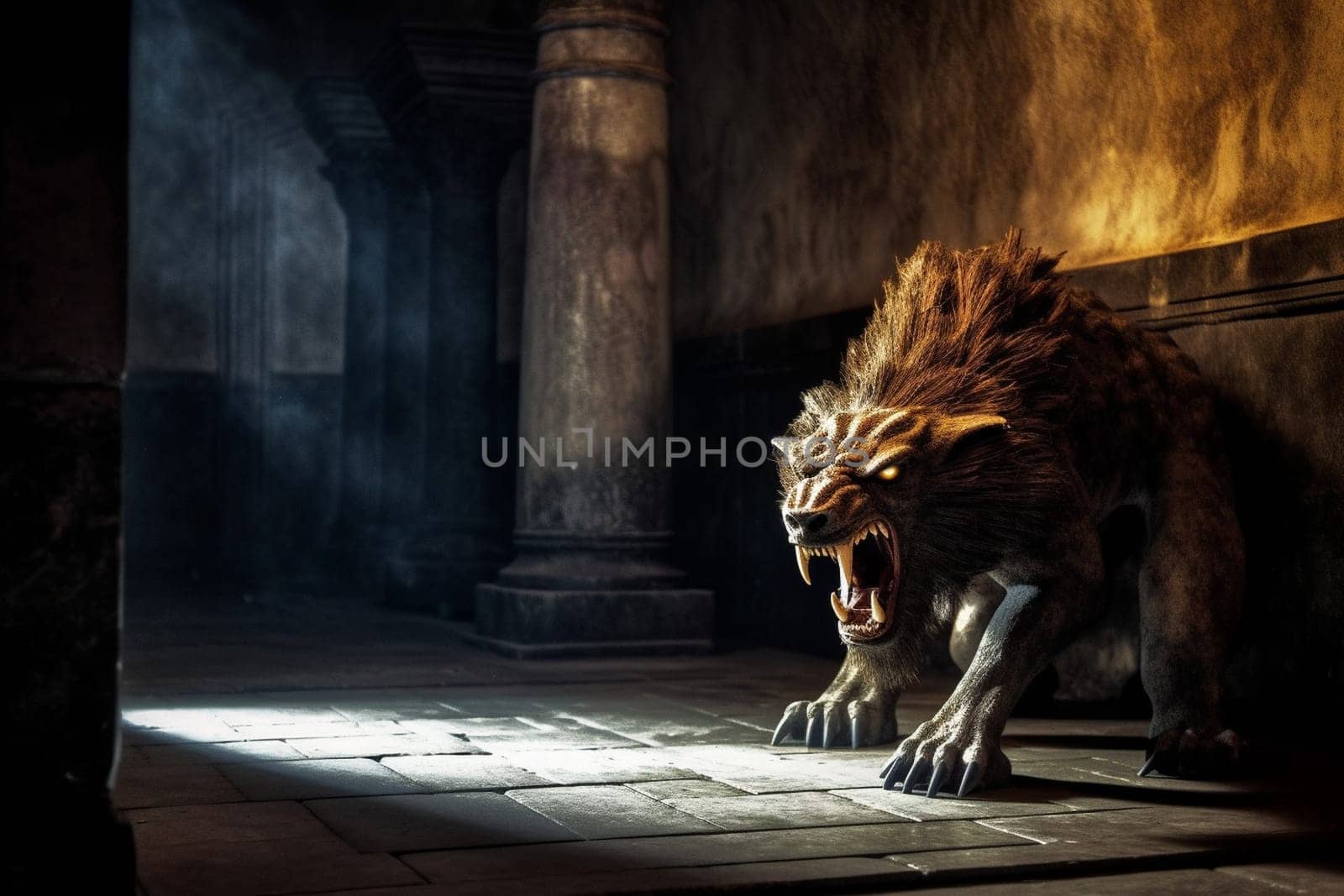 The manticore is a legendary creature with the body of a lion, the tail of a scorpion, and the wings of a bat. This creature can be seen lurking in the shadows of an ancient temple, its sharp teeth and glowing eyes visible in the dimly lit scene. The dramatic lighting and high contrast only add to the eerie atmosphere of the shot. (generative AI)