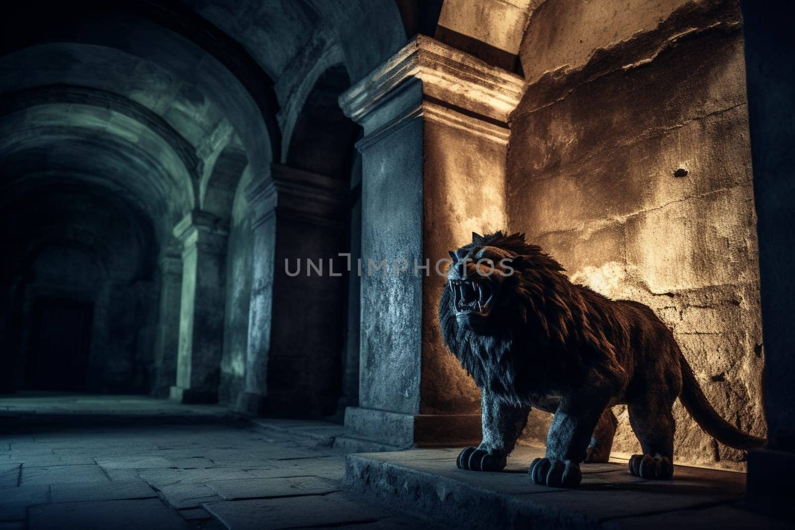 The manticore is a legendary creature with the body of a lion, the tail of a scorpion, and the wings of a bat. This creature can be seen lurking in the shadows of an ancient temple, its sharp teeth and glowing eyes visible in the dimly lit scene. The dramatic lighting and high contrast only add to the eerie atmosphere of the shot. (generative AI)