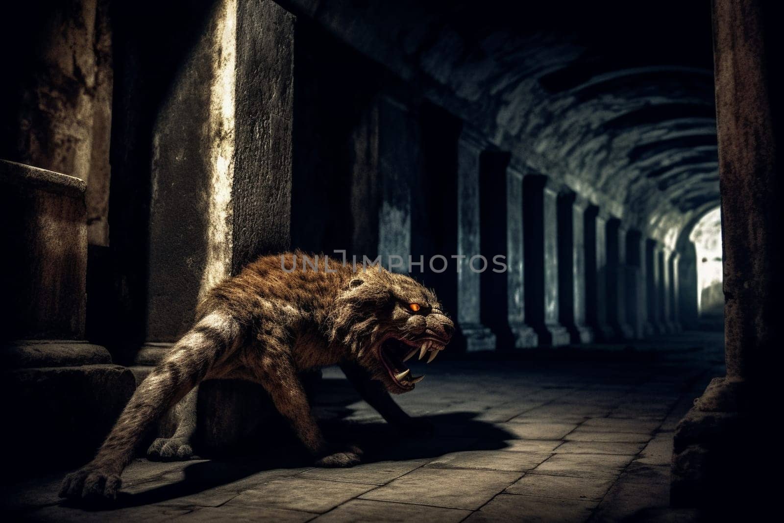 The manticore is a legendary creature with the body of a lion, the tail of a scorpion, and the wings of a bat. This creature can be seen lurking in the shadows of an ancient temple, its sharp teeth and glowing eyes visible in the dimly lit scene. The dramatic lighting and high contrast only add to the eerie atmosphere of the shot. (generative AI)