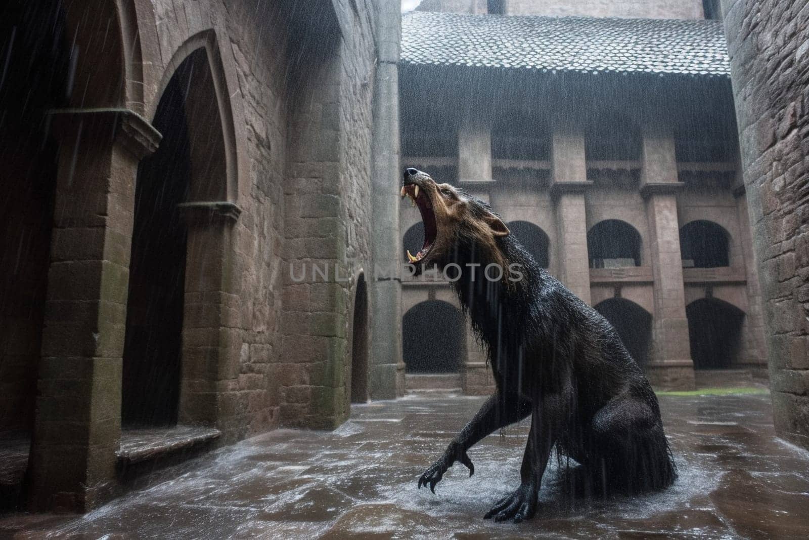Ape-like creatures are awe-inspiring and ferocious fantastic animals that symbolize strength and aggression. In this dramatic scene, a massive creature can be seen roaring in a medieval castle courtyard during a rainstorm, creating a gothic and menacing ambiance. The dark colors, close-up perspective and ferocity of the creature add to the scary and powerful feeling of the scene. (generative AI)