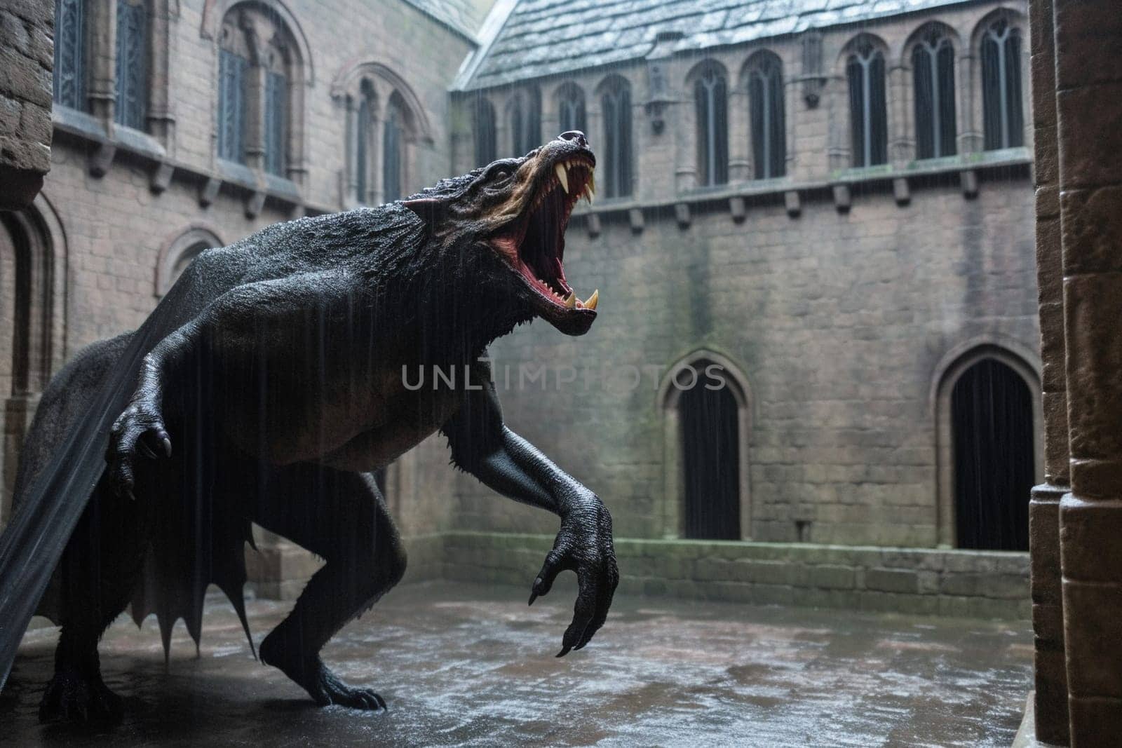 Ape-like creatures are awe-inspiring and ferocious fantastic animals that symbolize strength and aggression. In this dramatic scene, a massive creature can be seen roaring in a medieval castle courtyard during a rainstorm, creating a gothic and menacing ambiance. The dark colors, close-up perspective and ferocity of the creature add to the scary and powerful feeling of the scene. (generative AI)