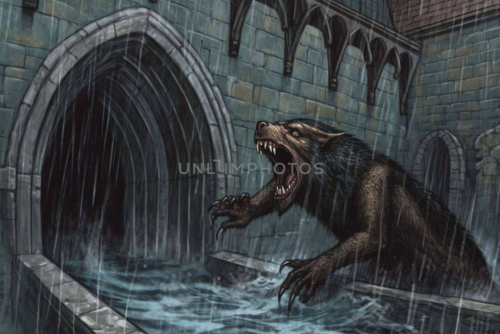 Ape-like creatures are awe-inspiring and ferocious fantastic animals that symbolize strength and aggression. In this dramatic scene, a massive creature can be seen roaring in a medieval castle courtyard during a rainstorm, creating a gothic and menacing ambiance. The dark colors, close-up perspective and ferocity of the creature add to the scary and powerful feeling of the scene. (generative AI)