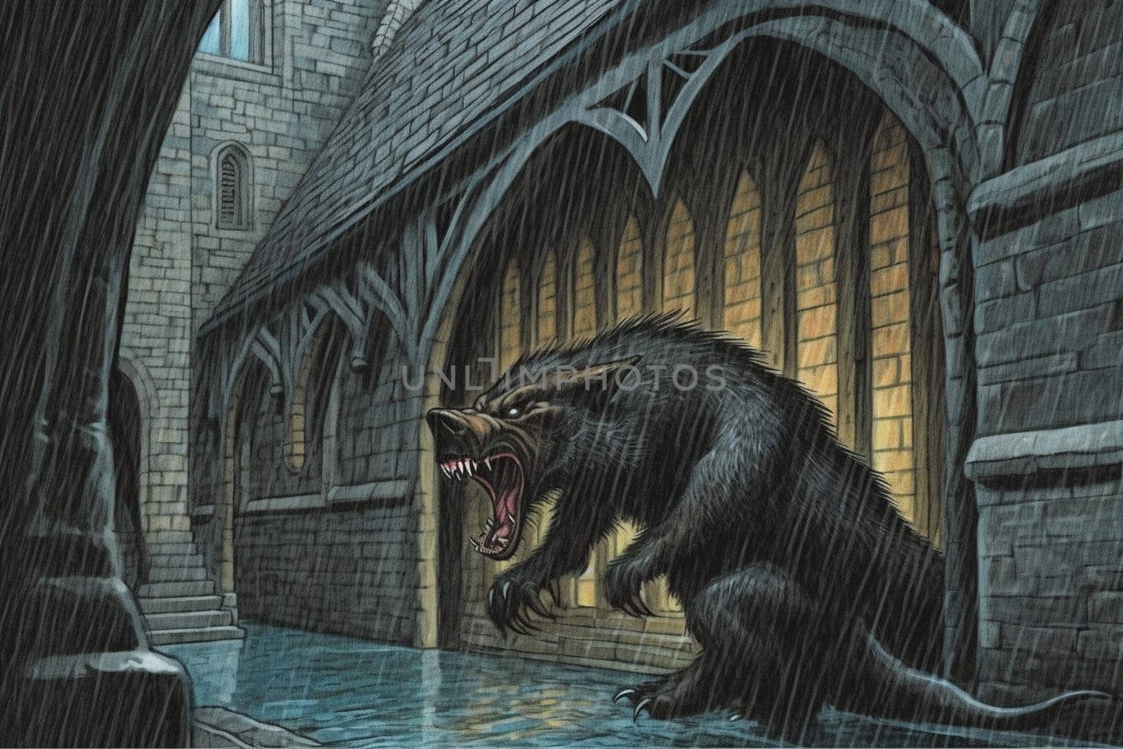 Ape-like creatures are awe-inspiring and ferocious fantastic animals that symbolize strength and aggression. In this dramatic scene, a massive creature can be seen roaring in a medieval castle courtyard during a rainstorm, creating a gothic and menacing ambiance. The dark colors, close-up perspective and ferocity of the creature add to the scary and powerful feeling of the scene. (generative AI)