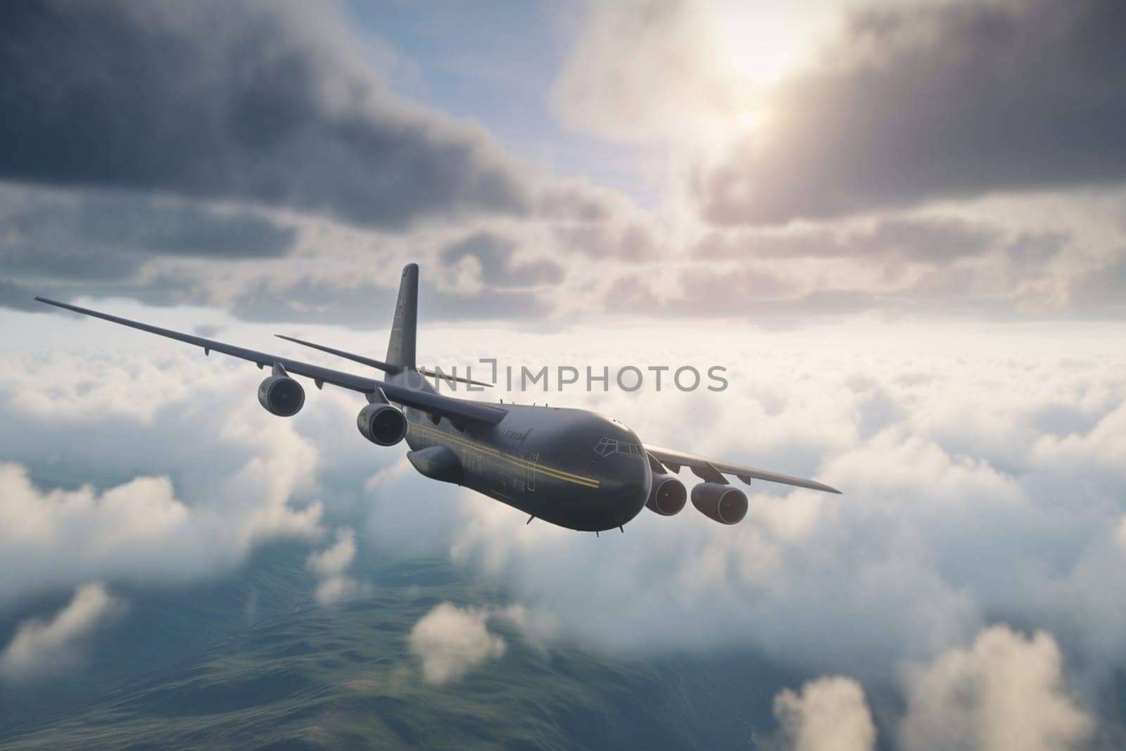A colossal cargo plane soars through the clouds, its powerful engines propelling it forward as it carries its heavy payload to destinations all over the world. The plane's massive size and impressive speed make it a behemoth of modern aviation. (generative AI)