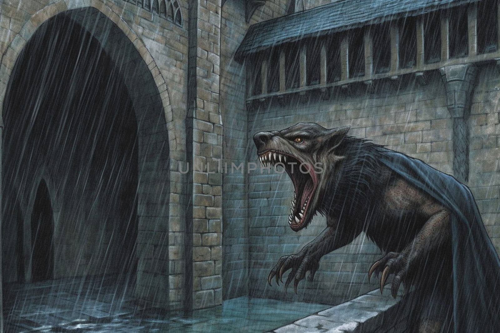 Ape-like creatures are awe-inspiring and ferocious fantastic animals that symbolize strength and aggression. In this dramatic scene, a massive creature can be seen roaring in a medieval castle courtyard during a rainstorm, creating a gothic and menacing ambiance. The dark colors, close-up perspective and ferocity of the creature add to the scary and powerful feeling of the scene. (generative AI)
