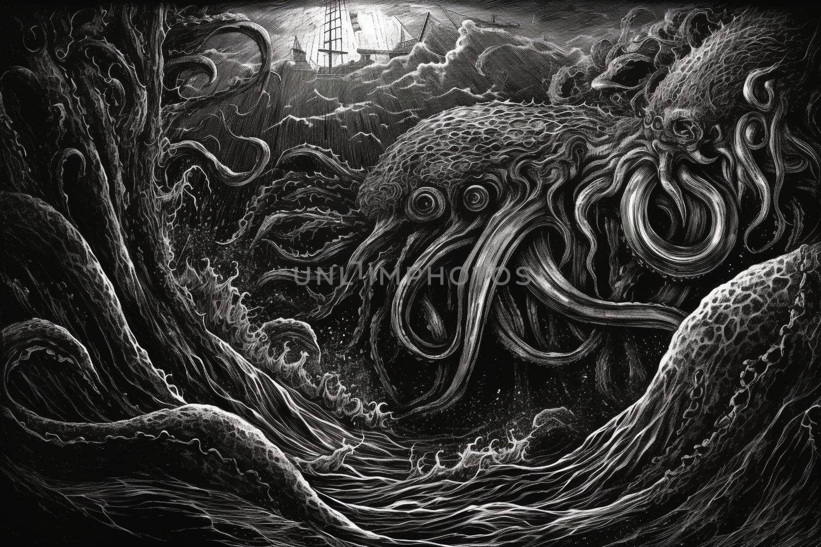 The kraken is a legendary sea creature known for its enormous size and power. In this image, the kraken is rising from the depths of the ocean during a storm, with its tentacles reaching out towards the sky, creating a dark and intense scene that is both eerie and dramatic. (generative AI)