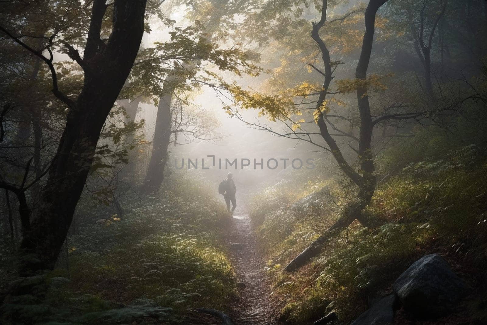 A man hikes through a misty forest at dawn, surrounded by the mystical beauty of nature. The dreamy, atmospheric surroundings create a serene and warm atmosphere, perfect for an adventurous hike. The mist adds to the mystery and intrigue of the scene, evoking feelings of wonder and appreciation. This photo can evoke feelings of adventure, awe, and inspiration. (generative AI)