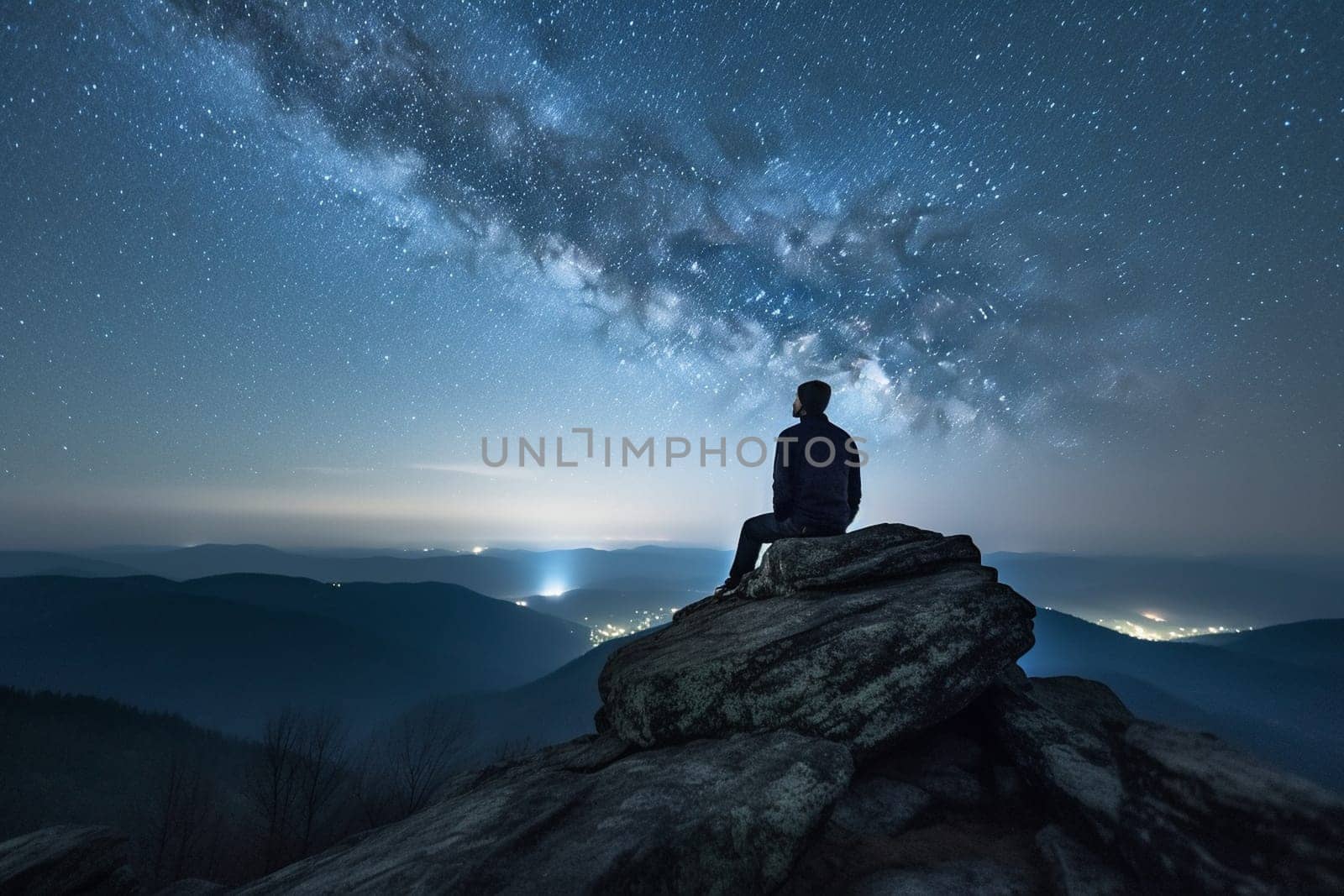 A man lies on his back on a mountaintop, gazing up at the vast and infinite night sky. The scene is mystical and powerful, with the grandeur of the mountains and the darkness of the night adding to the sense of awe-inspiring beauty. The man is in a state of contemplation, reflecting upon his place in the universe and the vastness of existence. This scene can evoke feelings of wonder, awe, and introspection. (generative AI)