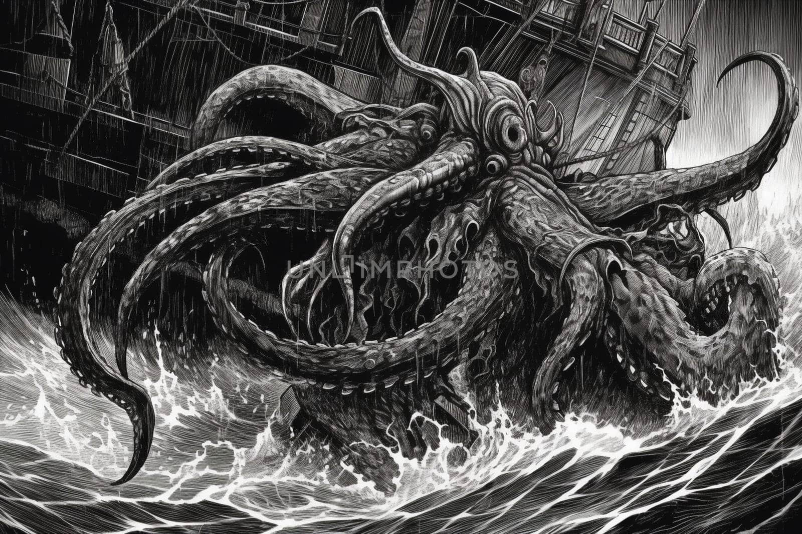 The kraken is a legendary sea creature known for its enormous size and power. In this image, the kraken is rising from the depths of the ocean during a storm, with its tentacles reaching out towards the sky, creating a dark and intense scene that is both eerie and dramatic. (generative AI)