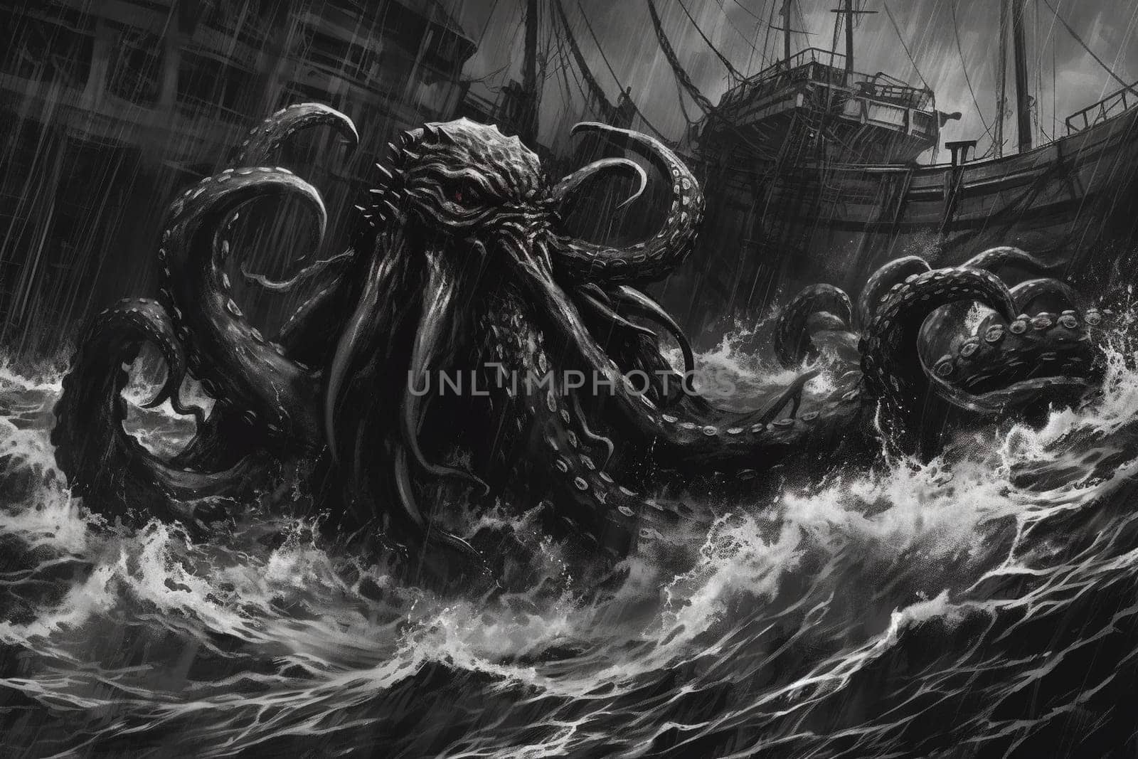 The kraken is a legendary sea creature known for its enormous size and power. In this image, the kraken is rising from the depths of the ocean during a storm, with its tentacles reaching out towards the sky, creating a dark and intense scene that is both eerie and dramatic. (generative AI)