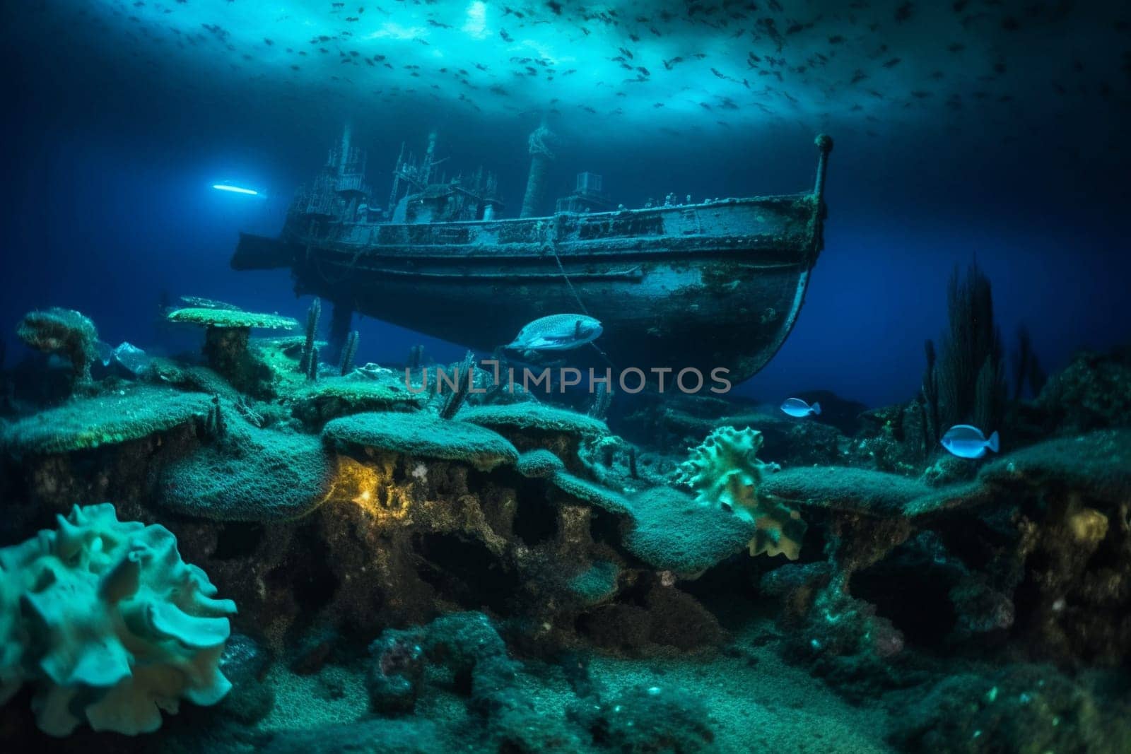 This eerie seascape features a shipwreck surrounded by ethereal and bioluminescent sea creatures. The surreal and mysterious atmosphere is enhanced by the neon and glow-in-the-dark tones, which draw the viewer deeper into the scene. (generative AI)