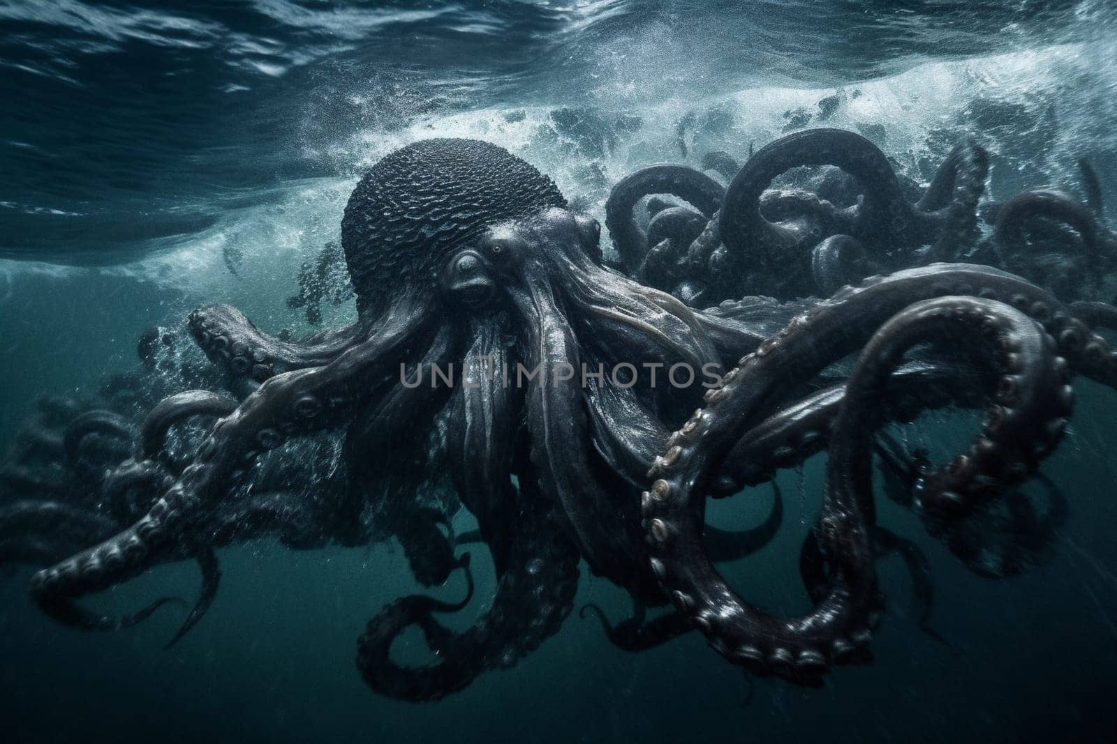 The kraken is a legendary sea creature known for its enormous size and power. In this image, the kraken is rising from the depths of the ocean during a storm, with its tentacles reaching out towards the sky, creating a dark and intense scene that is both eerie and dramatic. (generative AI)