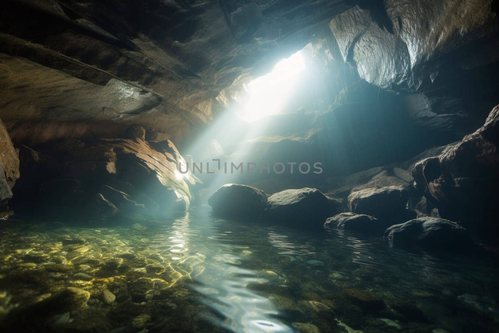 This sea cave is a wonder of nature, with crystal-clear water illuminated by sunlight filtering through the rocks above. The misty, abstract quality of this photograph creates an ethereal atmosphere, while the shallow depth of field and soft focus add to the sense of tranquility and calm. (generative AI)
