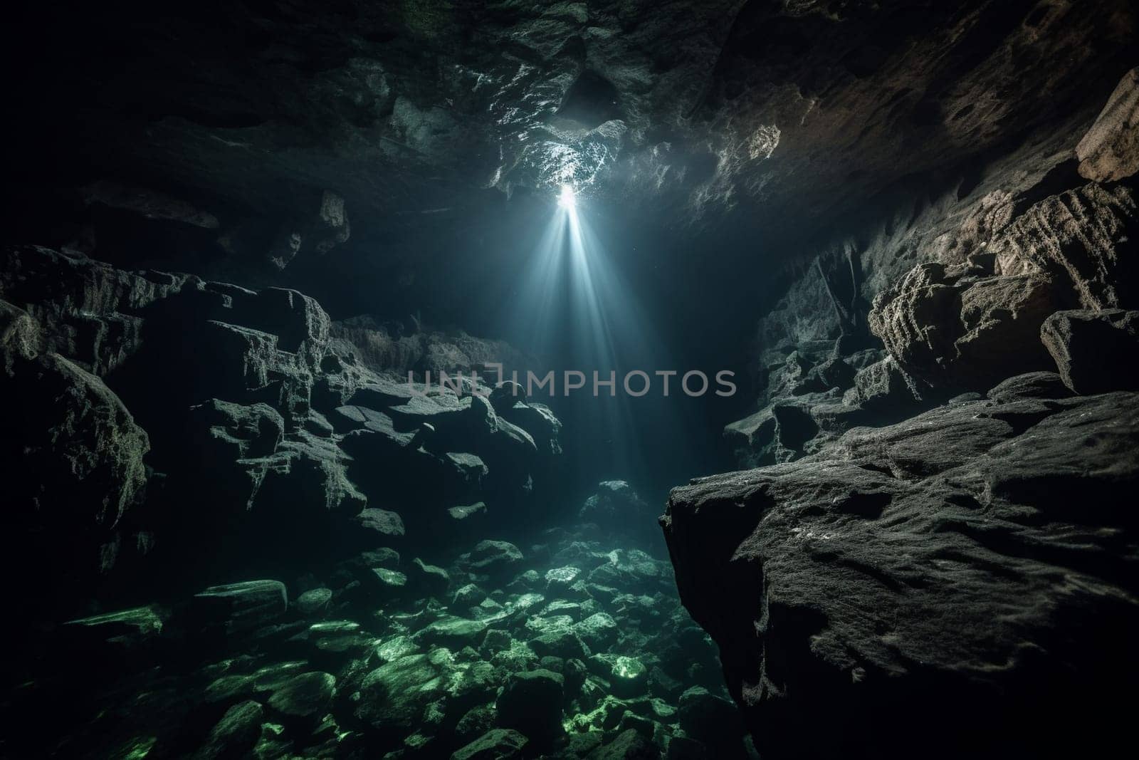 Journey deep beneath the ocean's surface and explore a mysterious underwater cavern shrouded in darkness. The low light creates an eerie atmosphere, while the sharp focus captures every twist and turn of this fascinating landscape. (generative AI)