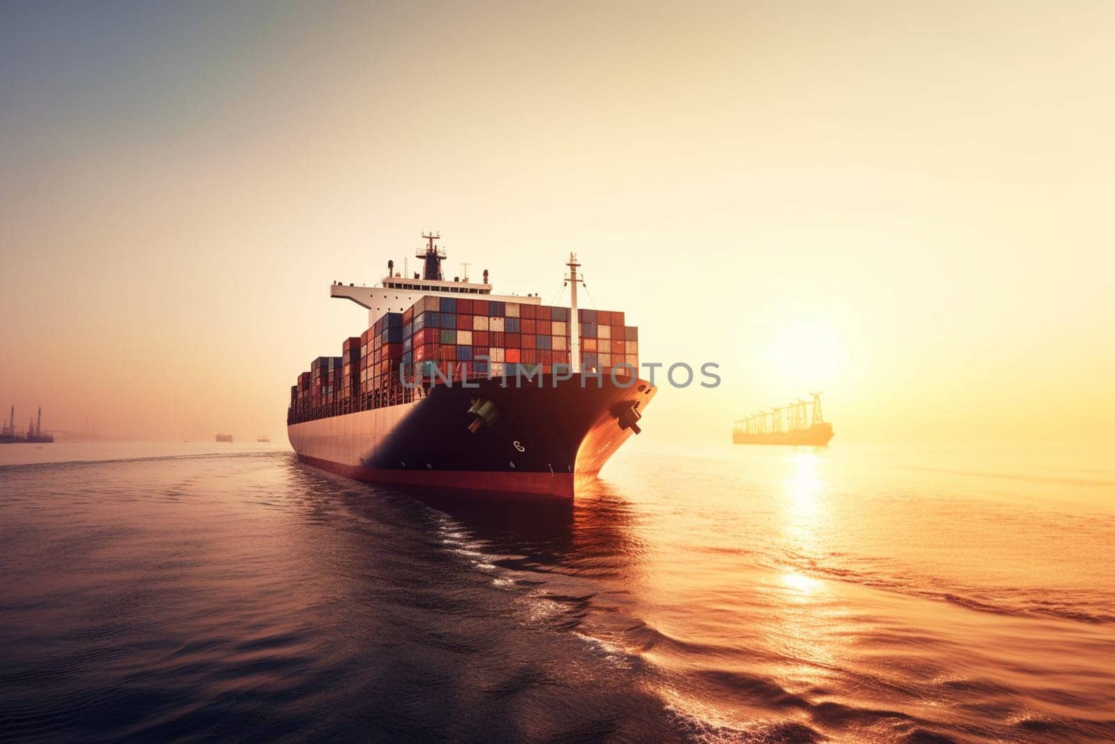A massive container ship enters a bustling port at dawn, its towering metal structures reflecting beautifully in the calm waters. The ship carries goods from around the world, and the port is a hub of activity as goods are loaded and unloaded. The sunrise adds a magical and serene quality to the scene. (generative AI)