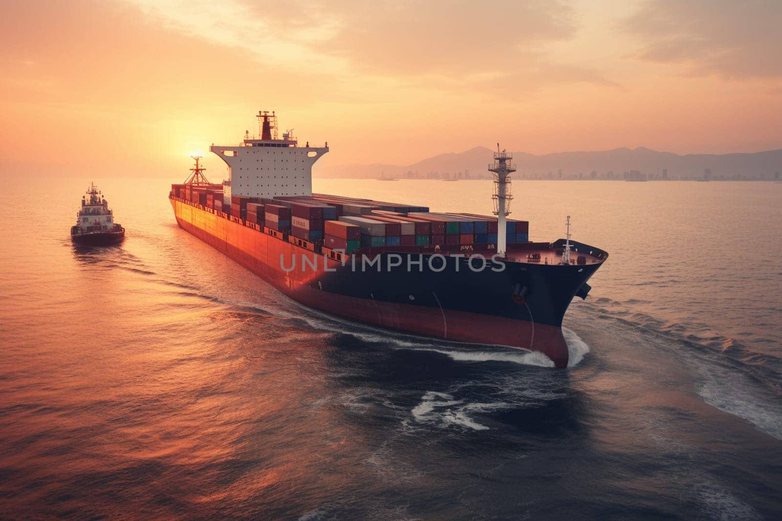 A massive container ship enters a bustling port at dawn, its towering metal structures reflecting beautifully in the calm waters. The ship carries goods from around the world, and the port is a hub of activity as goods are loaded and unloaded. The sunrise adds a magical and serene quality to the scene. (generative AI)