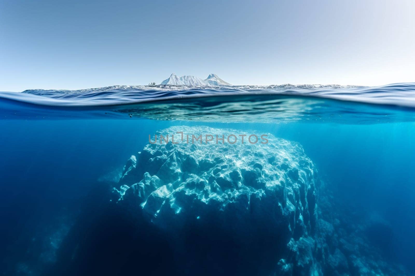 This massive iceberg, floating alone in the middle of the ocean, is a serene and minimalistic landscape. With crystal-clear waters surrounding the scene, the bright and clear image is created by the sharp focus and wide-angle composition that lends a sense of grandeur to the overlooked beauty of ice formations. (generative AI)