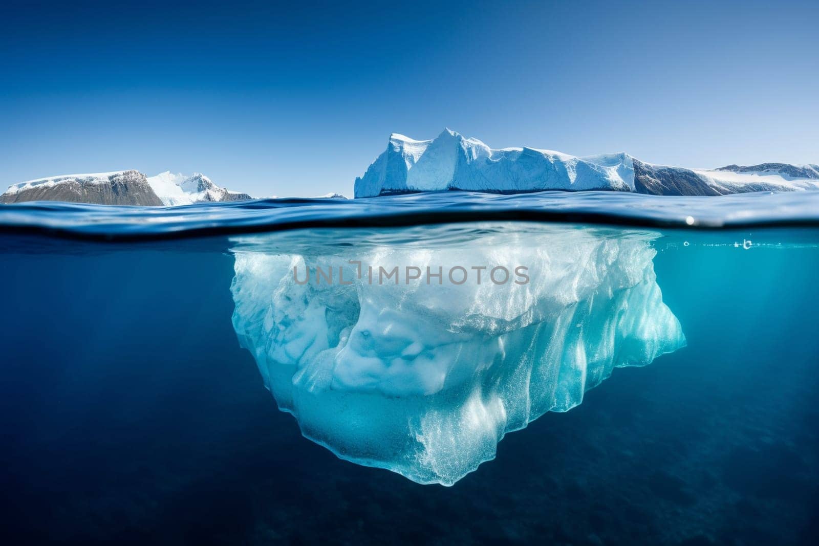This massive iceberg, floating alone in the middle of the ocean, is a serene and minimalistic landscape. With crystal-clear waters surrounding the scene, the bright and clear image is created by the sharp focus and wide-angle composition that lends a sense of grandeur to the overlooked beauty of ice formations. (generative AI)