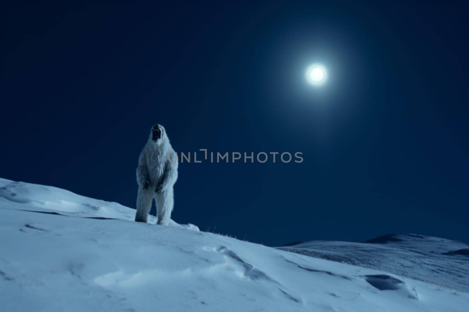 The yeti, a legendary creature of the high Himalayas, can be seen standing on top of a snowy mountain, howling at the full moon. The barren and chilling atmosphere of the snowy mountain creates a majestic and captivating scene, while the high contrast of the dark yeti and the bright full moon adds a sense of drama and intensity. (generative AI)