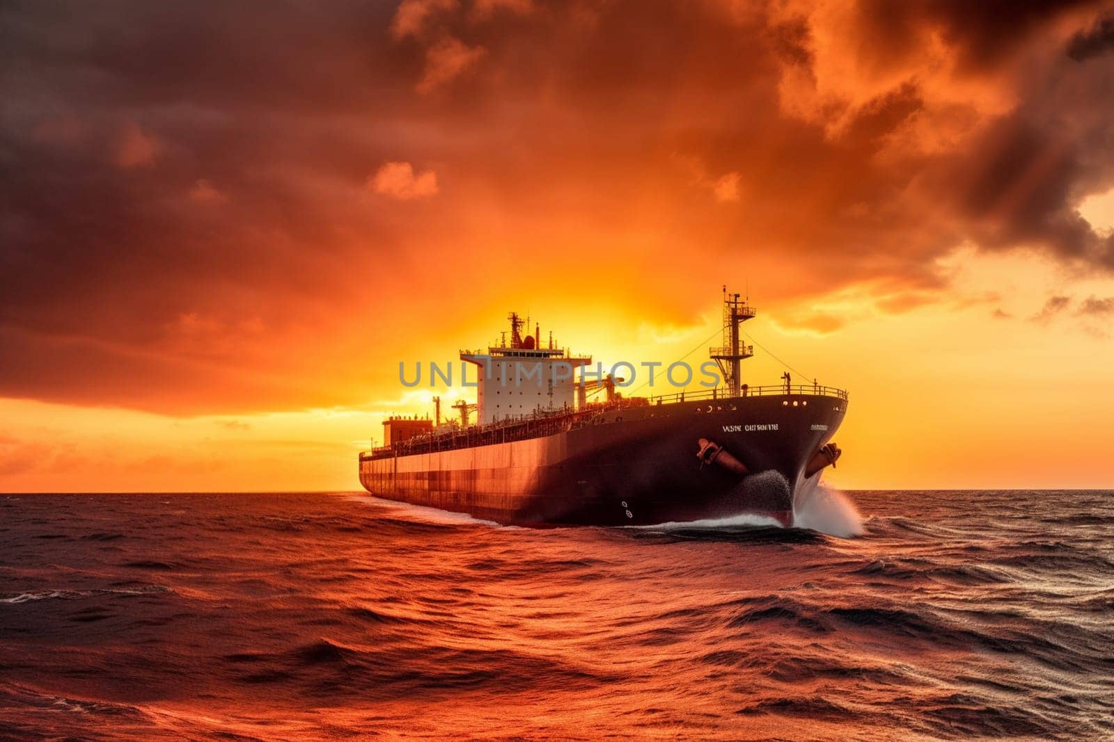 The giant and imposing structure of an oil tanker makes its way through a fiery and vibrant sunset over the ocean, in full monochrome contrast. The colossal vessel creates a sense of industrial strength as it plows through the rough and quiet ocean waters. (generative AI)