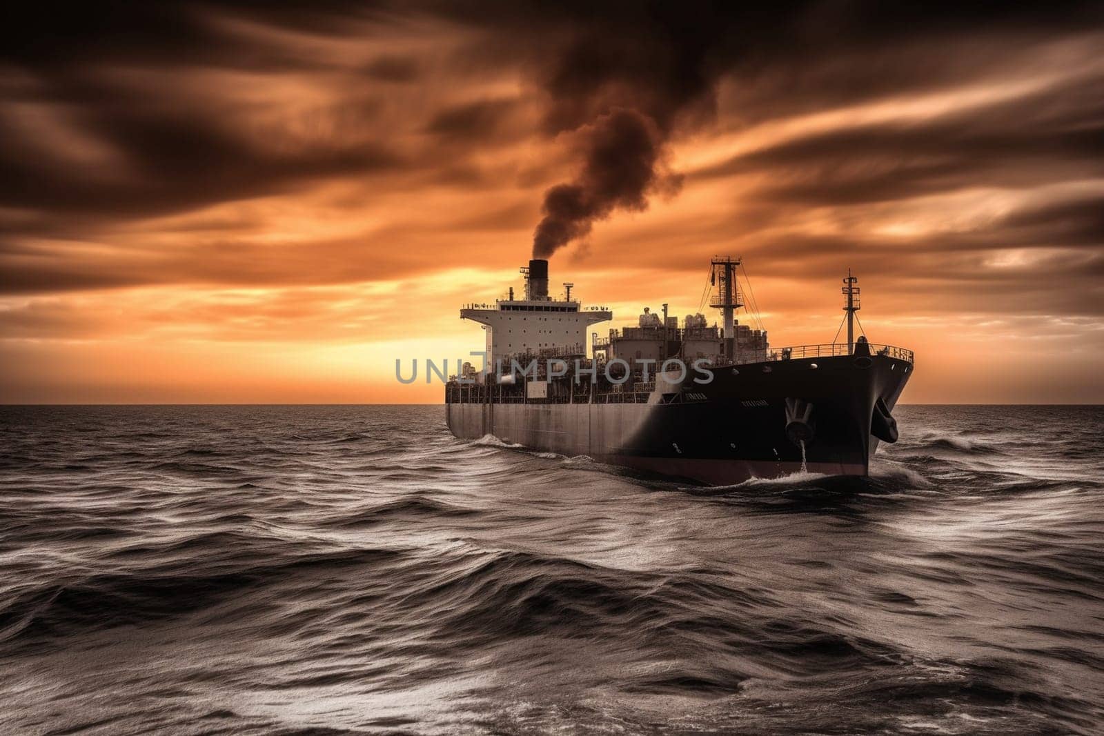 The giant and imposing structure of an oil tanker makes its way through a fiery and vibrant sunset over the ocean, in full monochrome contrast. The colossal vessel creates a sense of industrial strength as it plows through the rough and quiet ocean waters. (generative AI)