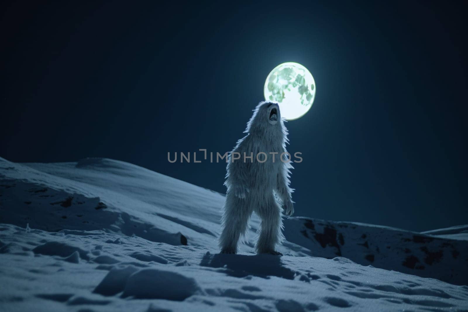 The yeti, a legendary creature of the high Himalayas, can be seen standing on top of a snowy mountain, howling at the full moon. The barren and chilling atmosphere of the snowy mountain creates a majestic and captivating scene, while the high contrast of the dark yeti and the bright full moon adds a sense of drama and intensity. (generative AI)
