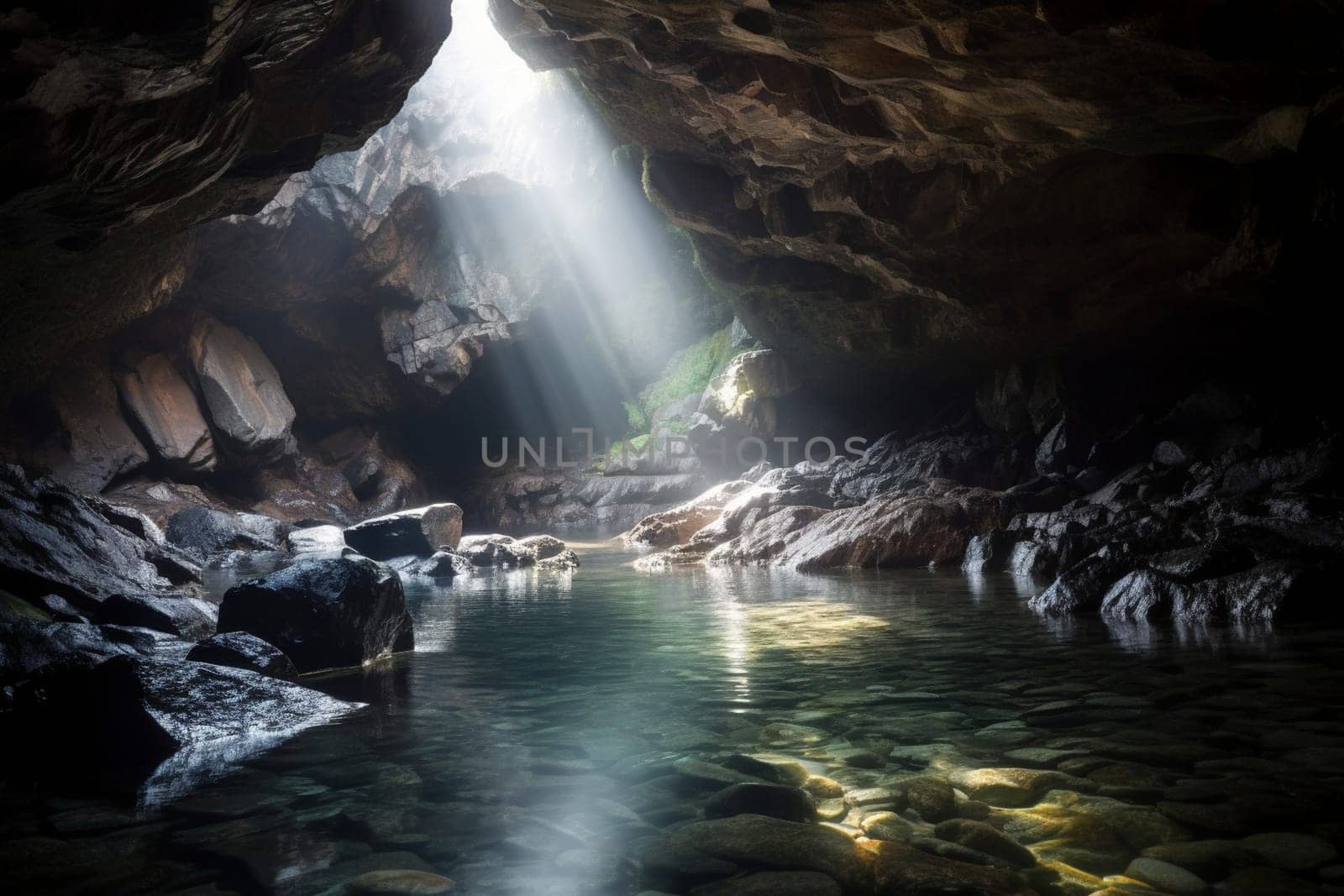 This sea cave is a wonder of nature, with crystal-clear water illuminated by sunlight filtering through the rocks above. The misty, abstract quality of this photograph creates an ethereal atmosphere, while the shallow depth of field and soft focus add to the sense of tranquility and calm. (generative AI)