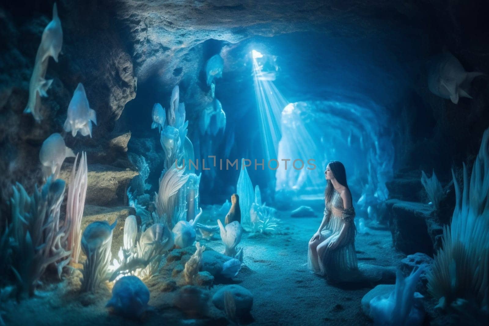 A mermaid is a mystical creature that is half-human and half-fish. This beautiful mermaid can be seen in a luminous underwater cave surrounded by sea creatures, creating a magical and surreal scene that evokes a sense of awe and wonder. (generative AI)