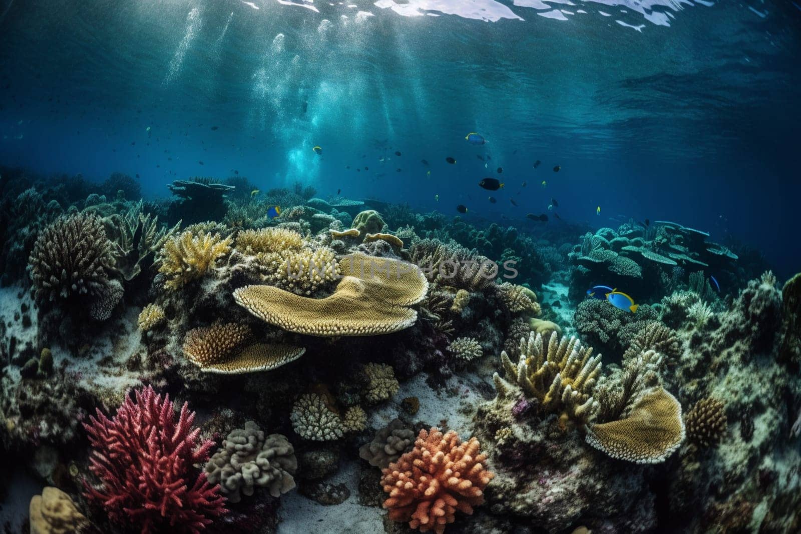 Dive into an underwater world of wonder where a stunning coral reef is home to a vast array of marine life. The photorealistic rendering captures the vibrant colors and intricate details of the coral formations, while the sharp focus brings the scene to life. (generative AI)
