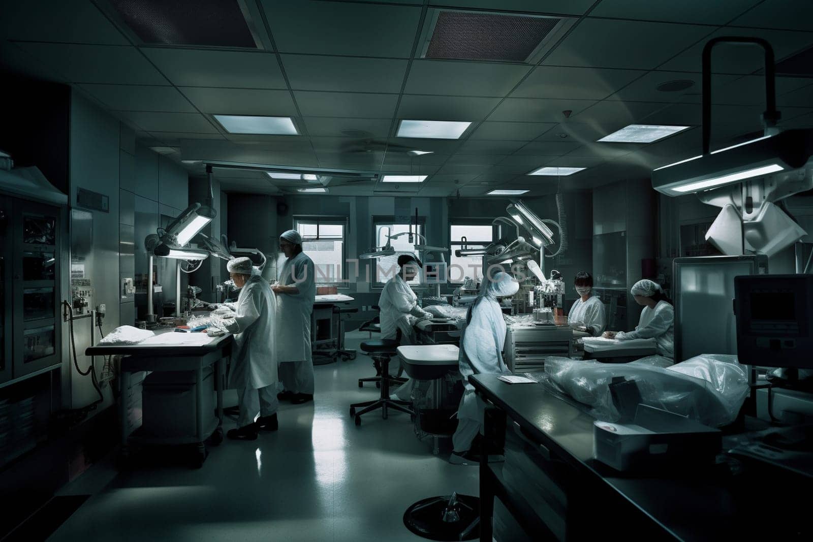 Enter the world of medical research with this stunning photo scene of a team working on the latest breakthroughs in treatments for disease. Against a backdrop of clinical technology and neutral tones, the team works with dedication and focus, striving to cure some of the world's most challenging illnesses. With natural posing and dramatic lighting, this scene captures the essence of the medical research community. (generative AI)