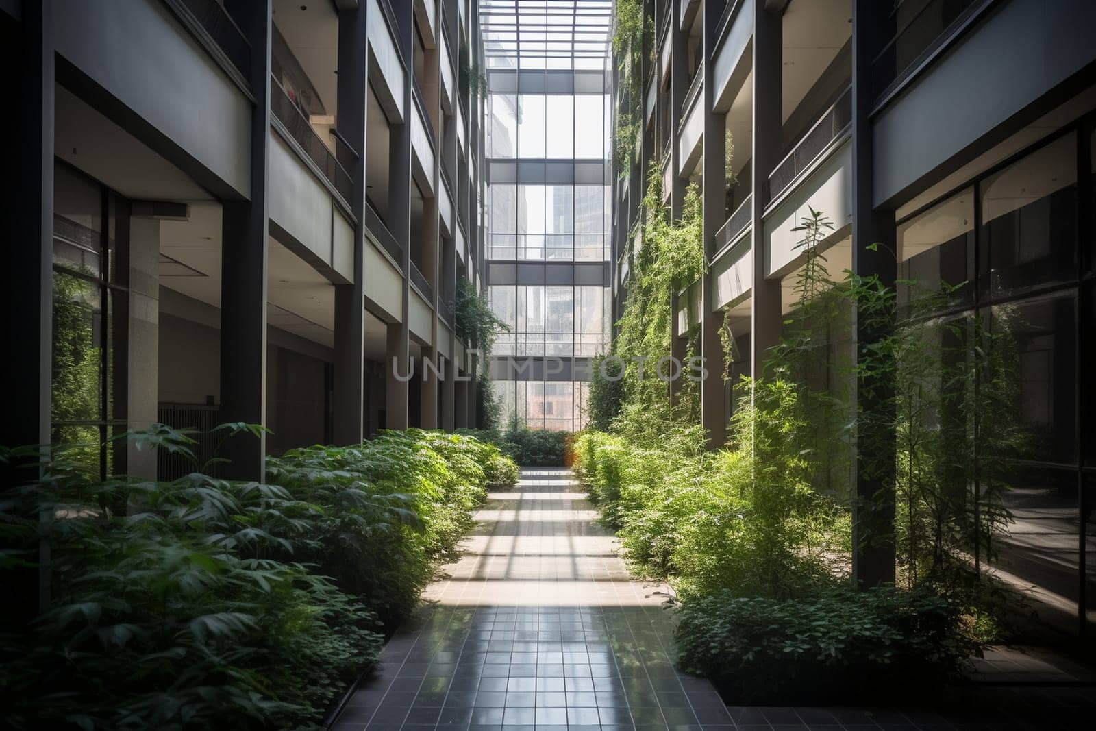 This modern office building is an oasis in the middle of the city. The enclosed courtyard with greenery provides a peaceful escape from the hustle and bustle of the outside world. (generative AI)