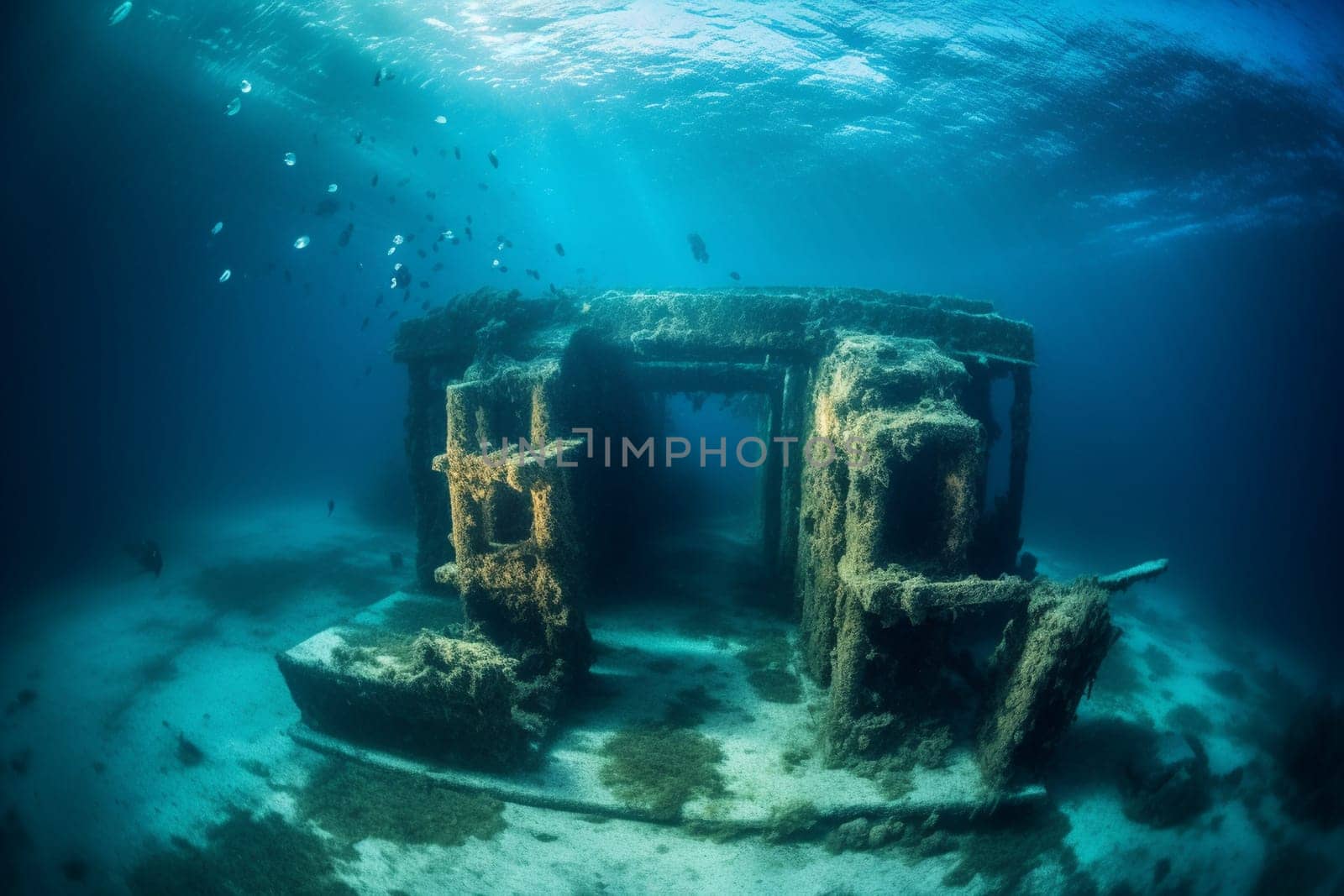 A photographer dives deep beneath the waves to capture the haunting beauty of a mysterious ancient ruin. The architecture is ornate and intricate, with hidden chambers and secrets waiting to be discovered. The photographer uses soft lighting to bring out the rich detail of this historic underwater landscape. (generative AI)