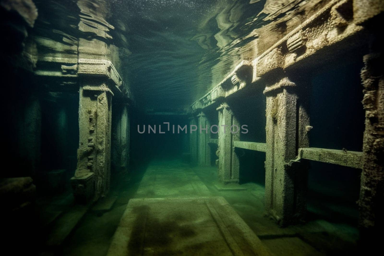 A photographer dives deep beneath the waves to capture the haunting beauty of a mysterious ancient ruin. The architecture is ornate and intricate, with hidden chambers and secrets waiting to be discovered. The photographer uses soft lighting to bring out the rich detail of this historic underwater landscape. (generative AI)