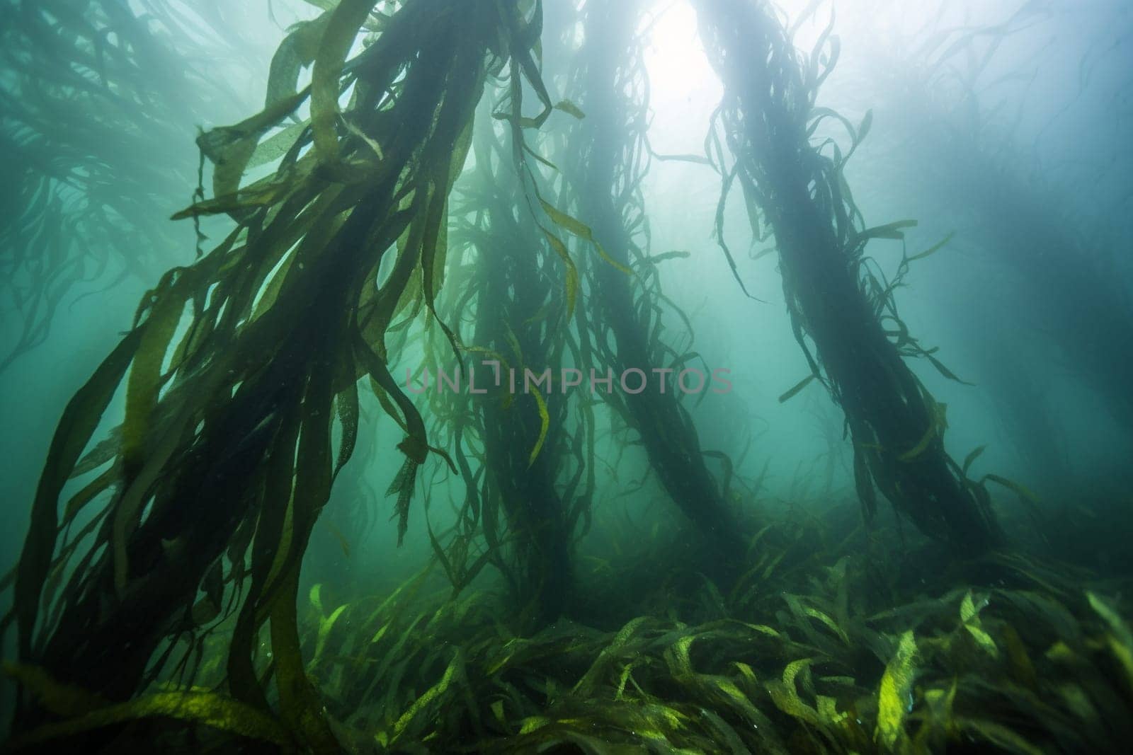 The mysterious beauty of this kelp forest is awe-inspiring, with the swaying fronds creating a hazy, dreamlike atmosphere. The peacefulness of the underwater scene is perfectly captured in this abstract, soft focus photograph. (generative AI)