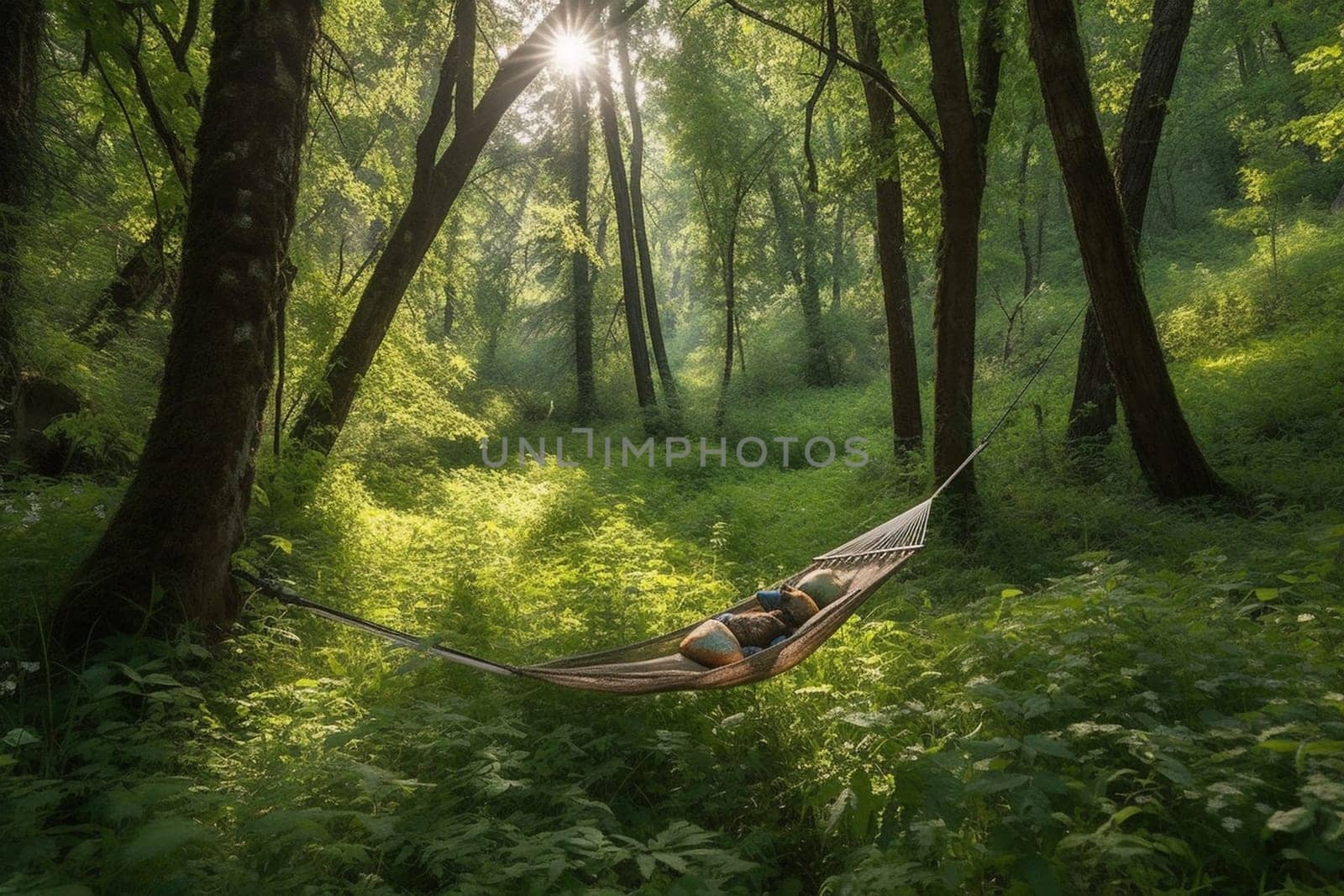 In the middle of a lush forest, there is a tranquil clearing where a hammock is hanging between two trees. The dappled sunlight filters through the trees, casting a warm glow over the peaceful scene. This is a perfect spot to relax, unwind, and feel one with nature. (generative AI)