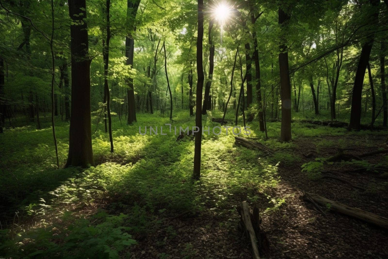 A tranquil oasis in the heart of the forest, this clearing glows with the soft light of the sun filtering down through the leaves. The scene is vertical and cool, with a calming green hue and leafy texture. This scene can evoke feelings of peace, serenity and zen-like calm. (generative AI)