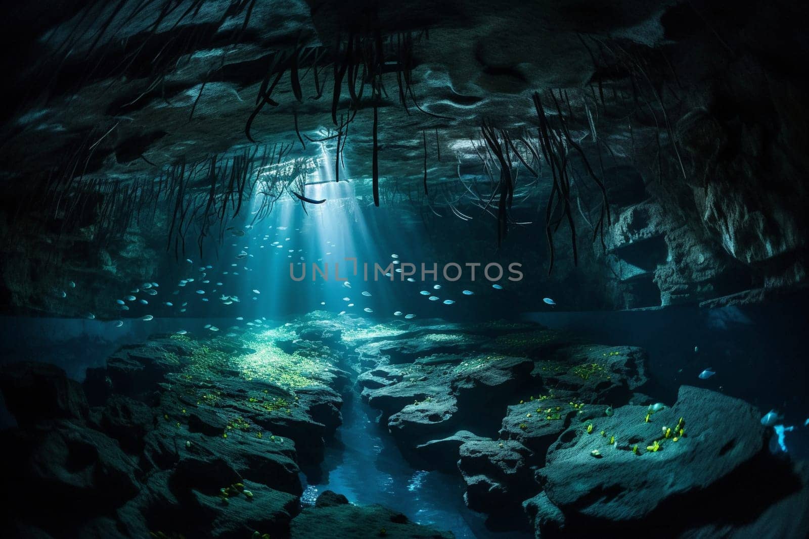 Experience the remarkable beauty of an underwater cave during a peaceful time with an abundance of bioluminescent organisms lighting the way. A school of fish swimming by in this peaceful scene, captured in photorealistic quality with sharp focus and high quality. (generative AI)