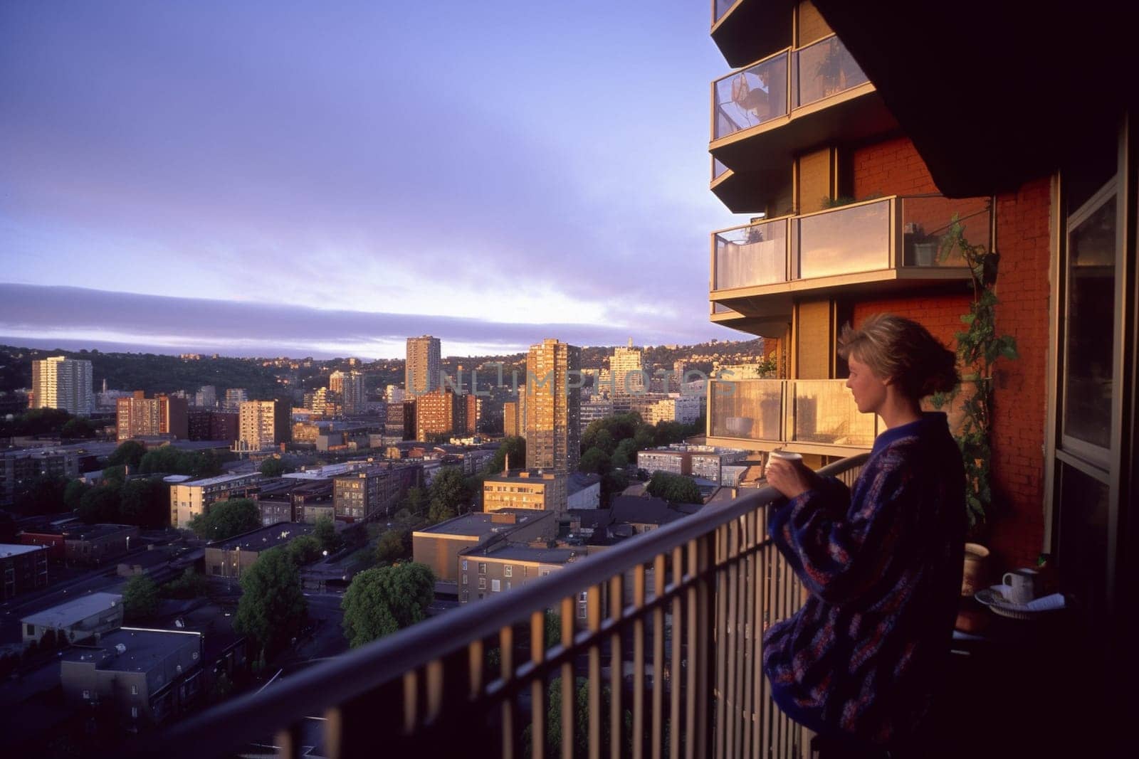 A person sits with a cup of coffee on a balcony overlooking the beautiful and bright skyline of a city. The cozy and warm atmosphere is made comfortable by the natural light falling on the scene. The view is breathtaking and evokes peacefulness and relaxation in the observer's mind. (generative AI)