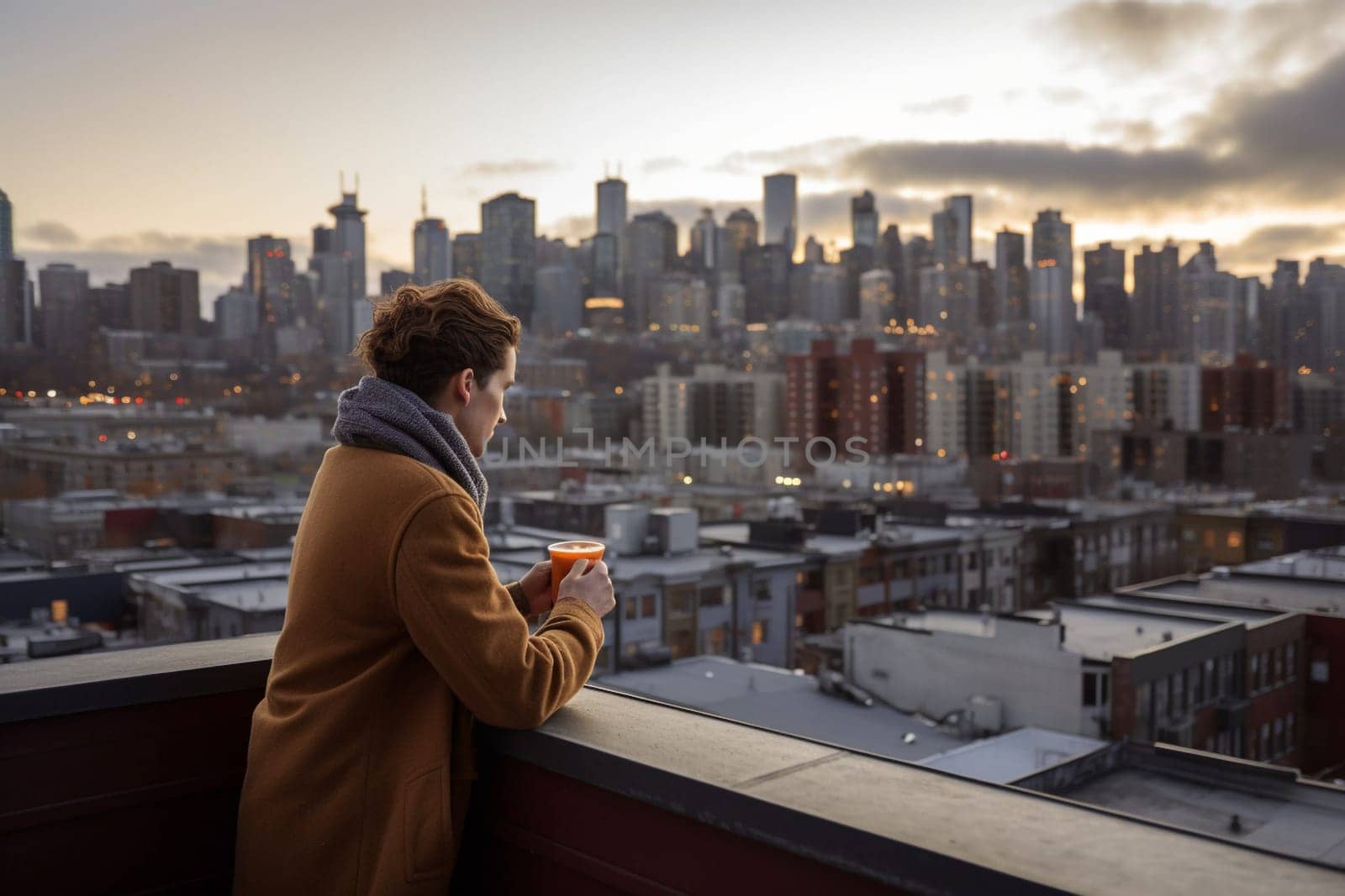 A person sits with a cup of coffee on a balcony overlooking the beautiful and bright skyline of a city. The cozy and warm atmosphere is made comfortable by the natural light falling on the scene. The view is breathtaking and evokes peacefulness and relaxation in the observer's mind. (generative AI)