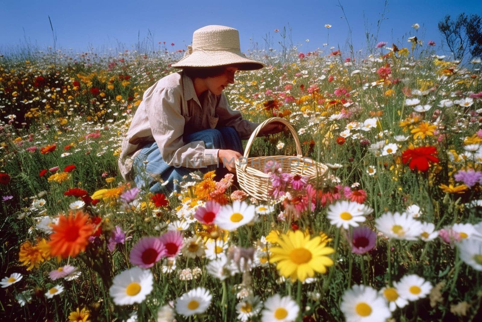 A person is enjoying a delicious picnic in a field of wildflowers, surrounded by vibrant colors, fragrant smells, and the warmth of the sun. The scene is carefree and happy, with the natural light adding to the cheerful mood. Surrounded by the beauty of nature, the mind is free to enjoy the vibrant colors and fragrant smells of the environment, and enter a joyful and free-spirited state. This scene can evoke feelings of joy, happiness, and freedom. (generative AI)