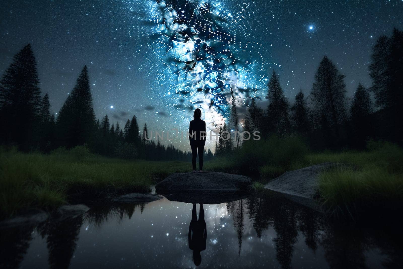 A person gazes up at the wonder of the night sky, contemplating the vastness and mystery of the cosmos. The celestial beauty of the stars and the peaceful surroundings of the outdoors create a sense of awe and introspection. This scene can evoke feelings of wonder, reflection, and a connection to something greater than oneself. (generative AI)