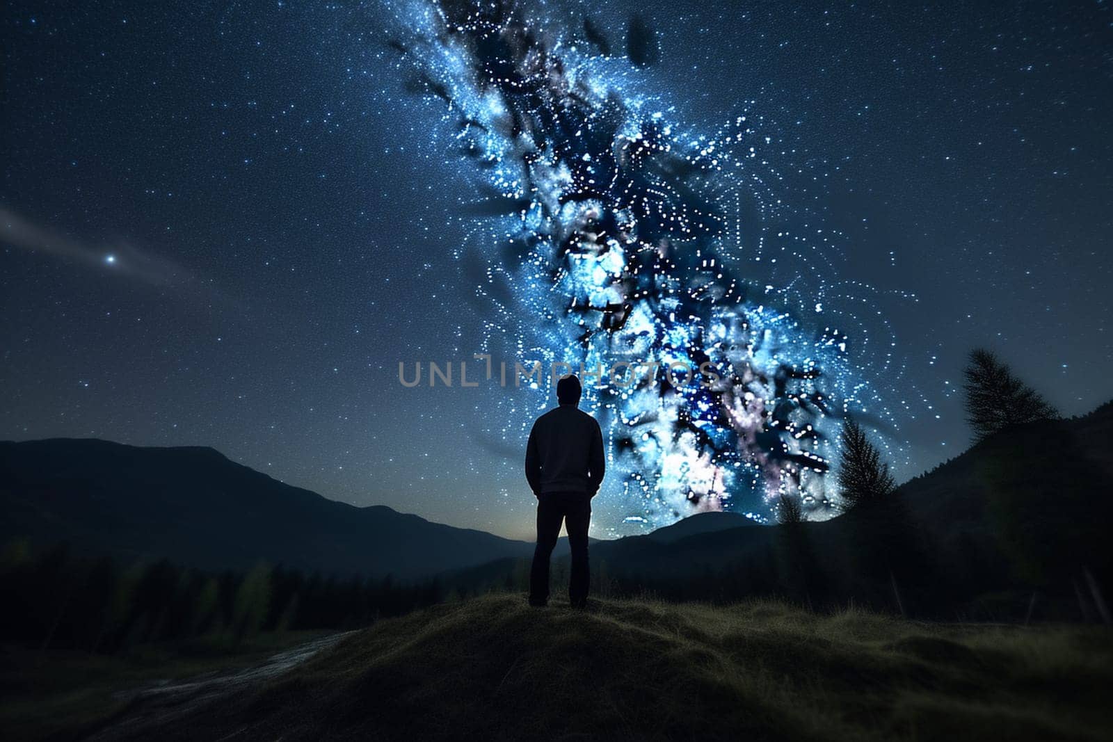 A person gazes up at the wonder of the night sky, contemplating the vastness and mystery of the cosmos. The celestial beauty of the stars and the peaceful surroundings of the outdoors create a sense of awe and introspection. This scene can evoke feelings of wonder, reflection, and a connection to something greater than oneself. (generative AI)