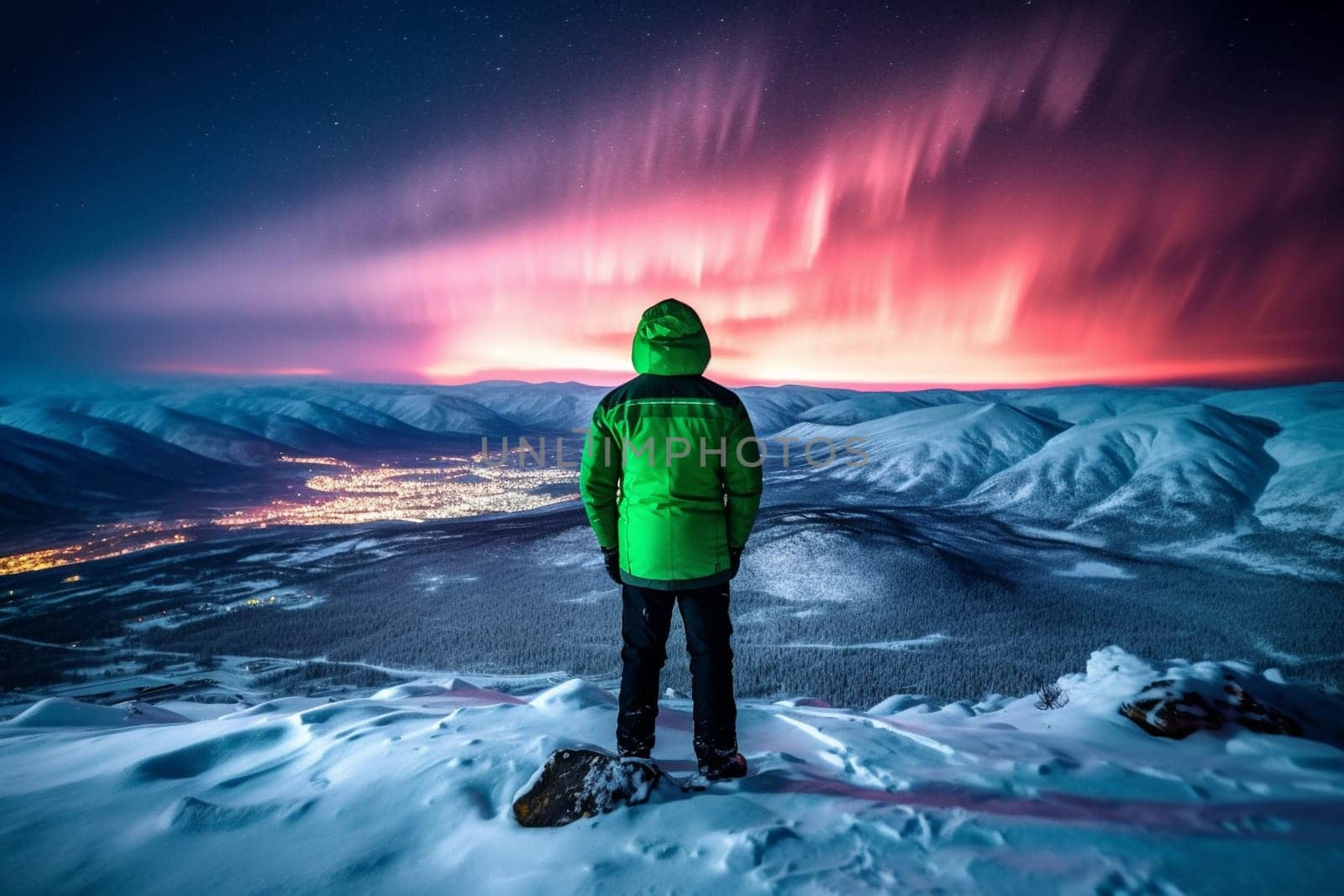 A person stands on a snowy mountain, admiring the spectacular display of the northern lights in the sky. The scene is surreal and magical, with the bright and colorful lights dancing above. This scene can evoke feelings of wonder and amazement at the beauty of nature. (generative AI)