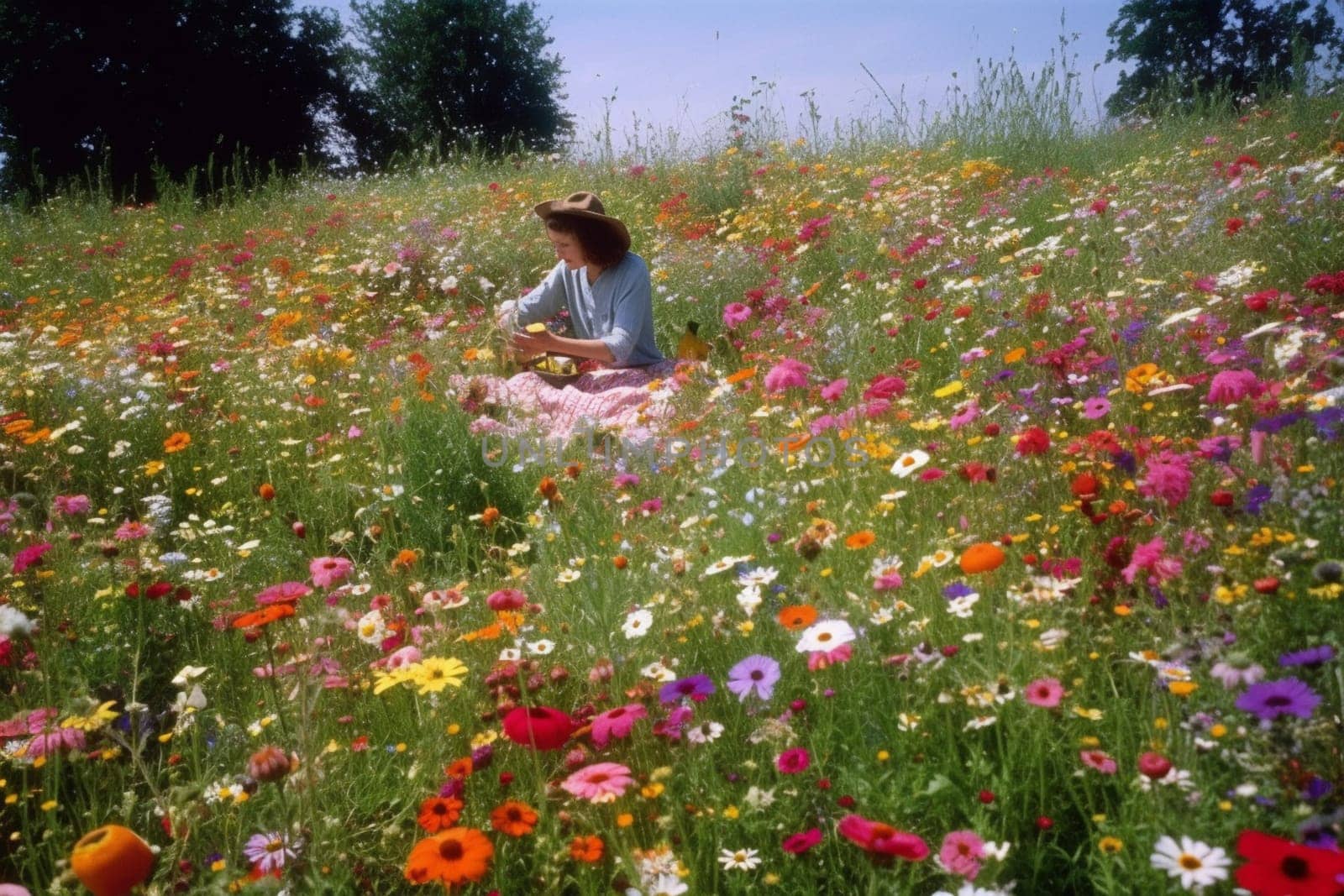 A person is enjoying a delicious picnic in a field of wildflowers, surrounded by vibrant colors, fragrant smells, and the warmth of the sun. The scene is carefree and happy, with the natural light adding to the cheerful mood. Surrounded by the beauty of nature, the mind is free to enjoy the vibrant colors and fragrant smells of the environment, and enter a joyful and free-spirited state. This scene can evoke feelings of joy, happiness, and freedom. (generative AI)