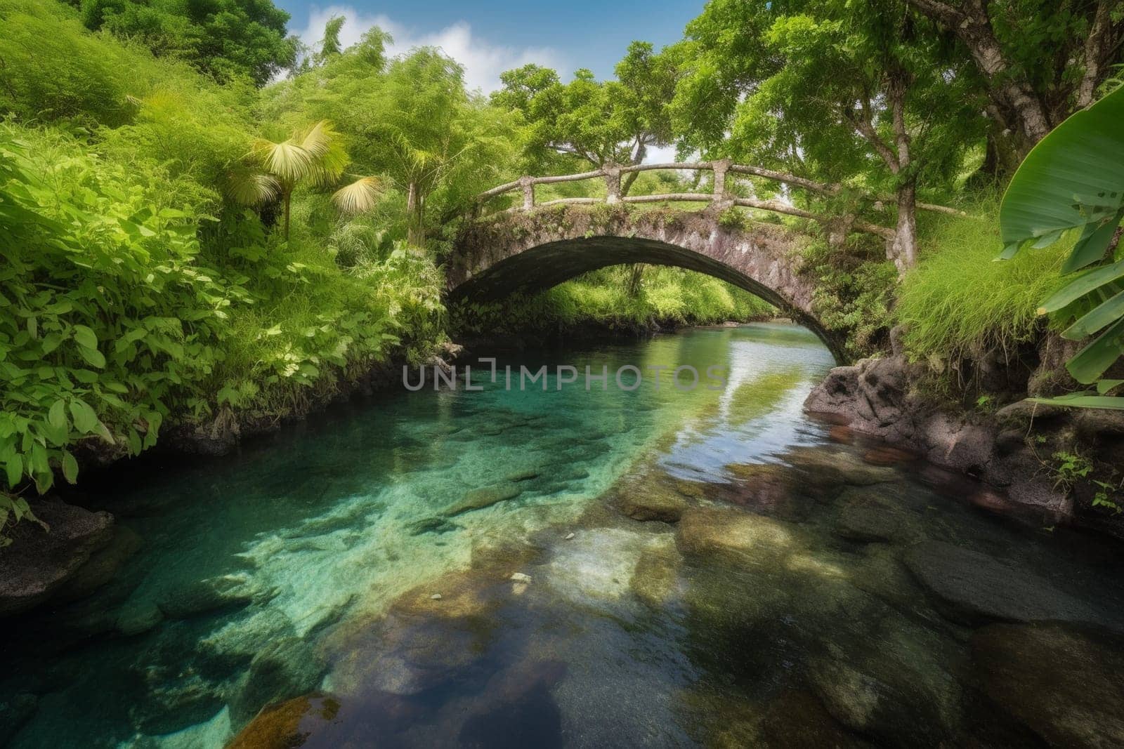 Enjoy the natural beauty of a stunning bridge over a blue lagoon surrounded by lush vegetation. The scene's sharp focus, panoramic perspective, and colorful display make it a must-have for landscape photography enthusiasts. (generative AI)